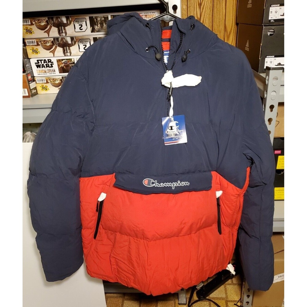 New Champion Mens Winter Down Jacket Two Tone Size L Hooded, Multi Pocket, Warm